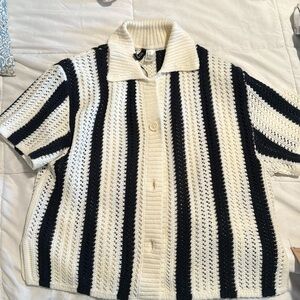 Short Sleeve Striped Knit Buttonn Down